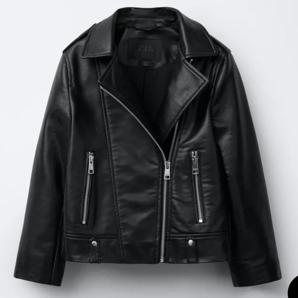 Zara Black Faux Leather‎ Moto Jacket Lapel Collar Zip Front Juniors 13/14 = SP - Picture 1 of 13